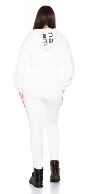 Trendy Sweat Jumpsuit with Hood White